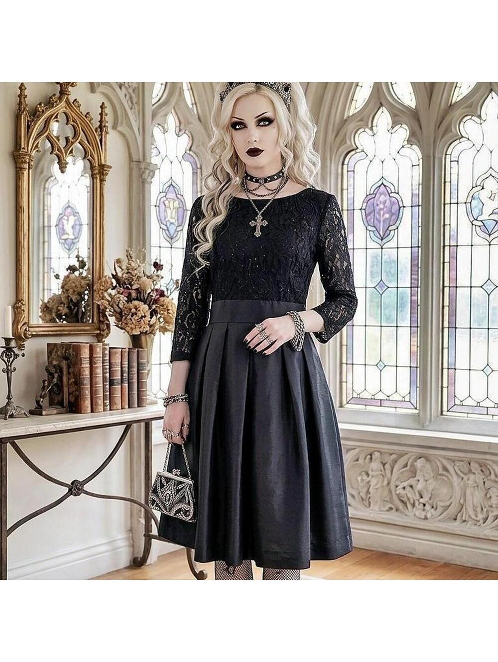 Black lace midi dress with pleated satin skirt and 3/4 sleeves 159